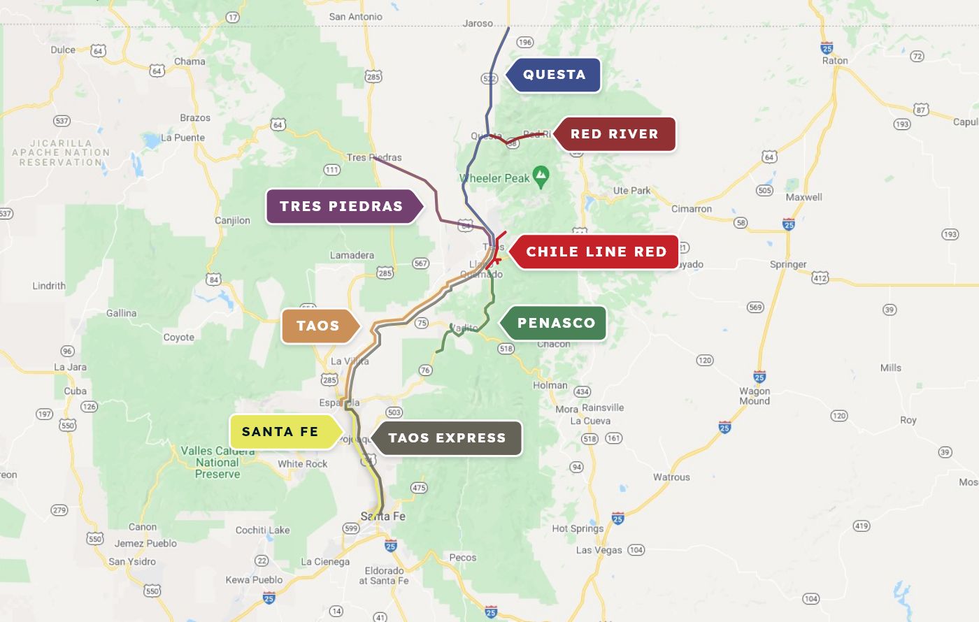 Map of Taos area routes