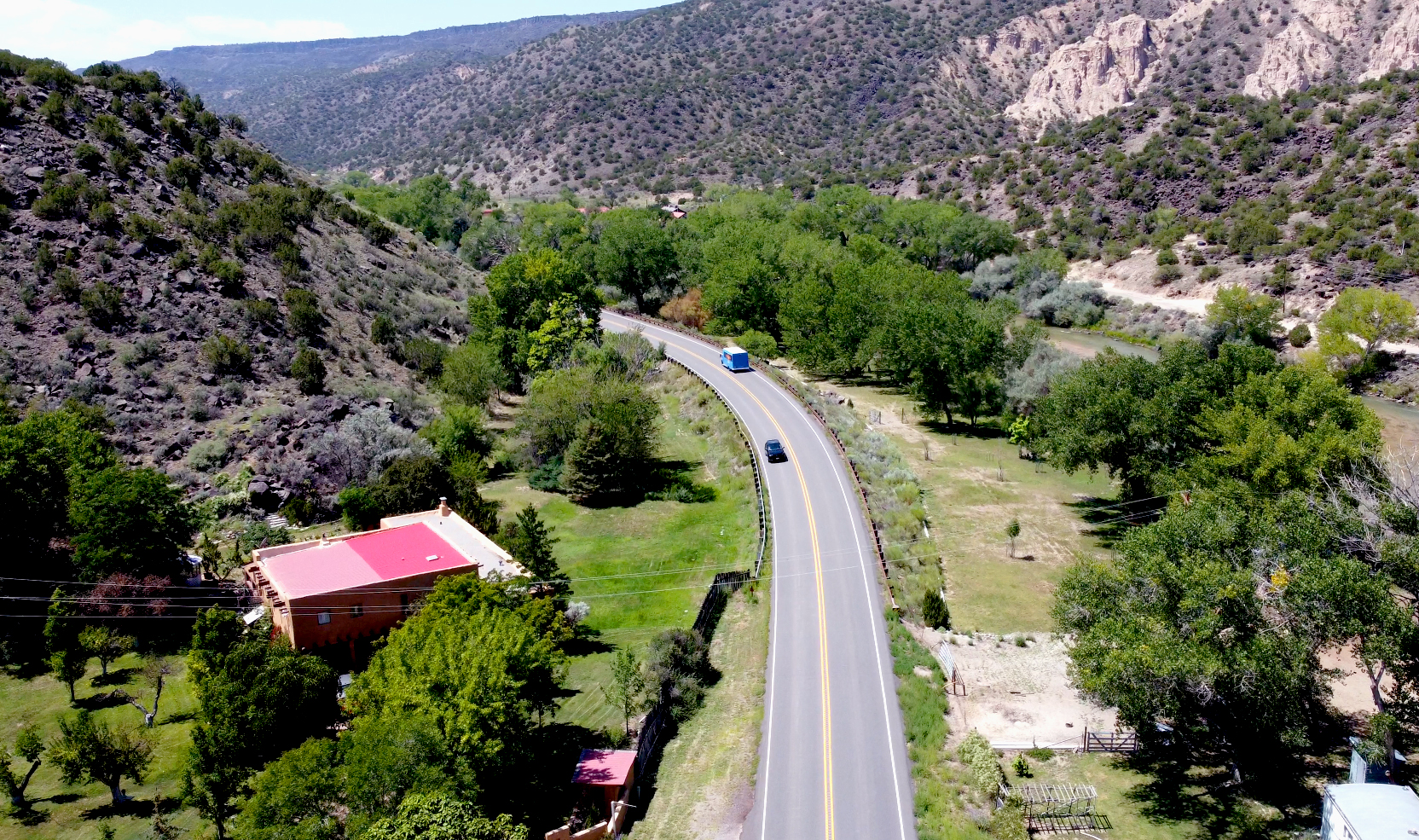 BusInCanyon Winding Santa Fe Road