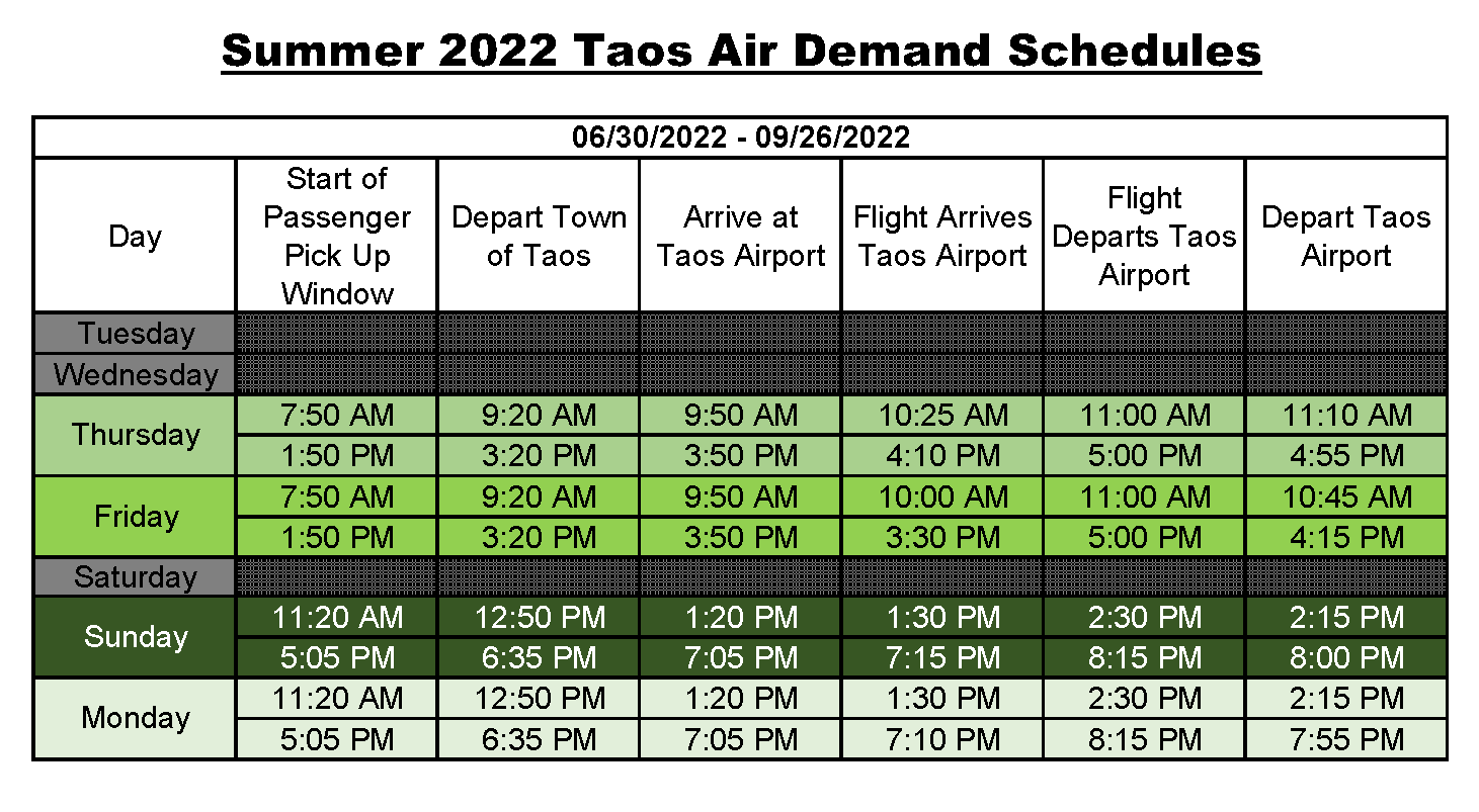 Copy of Copy of Taos Air Summer Schedule 2022 Fully Contracted v3